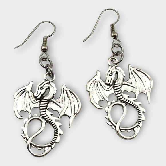 Silver-tone Goth Dragon Earrings Surgical Steel Fish Hooks - Picture 1 of 8